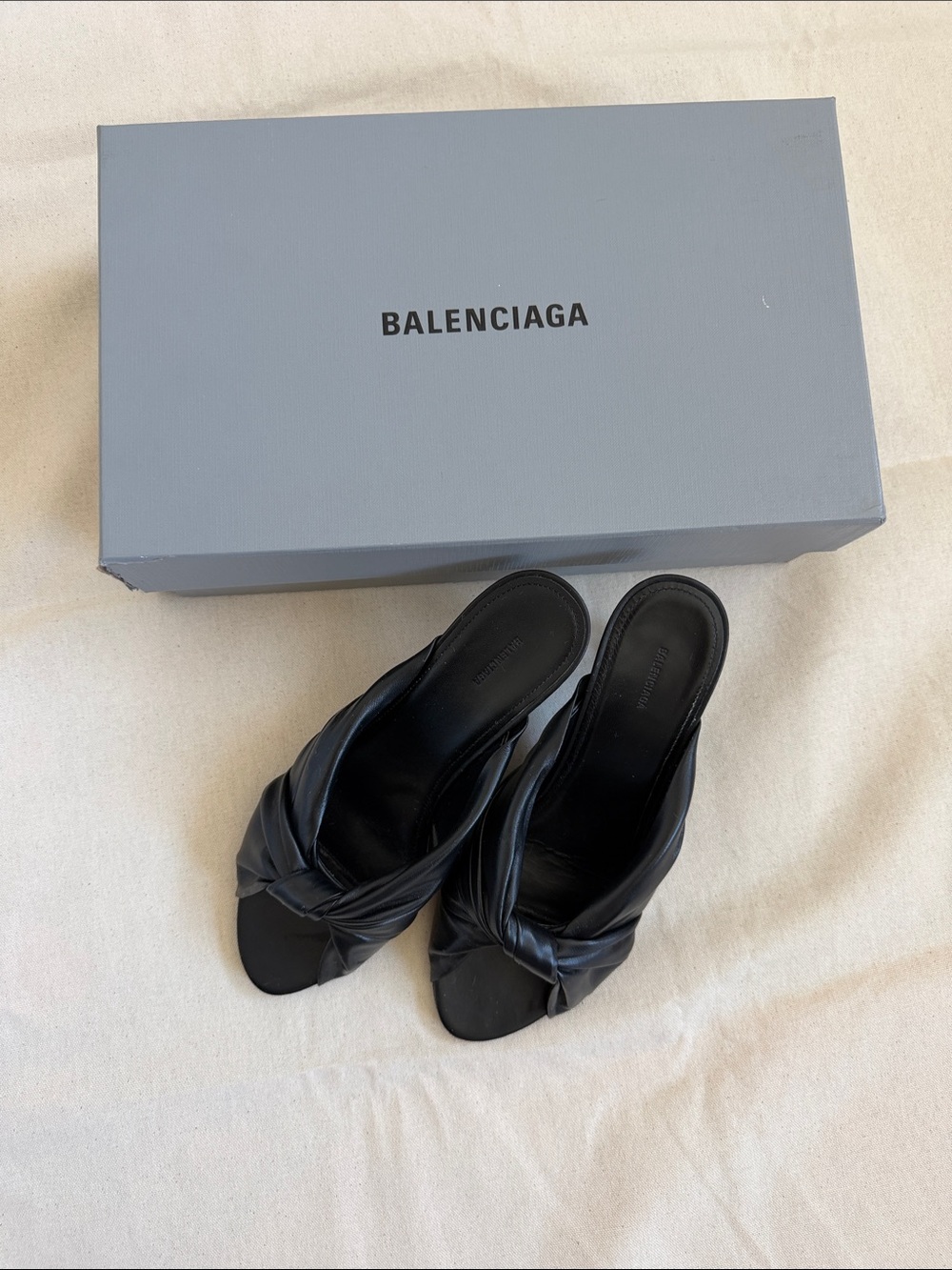Balenciaga Black Knotted Leather Slide Heels